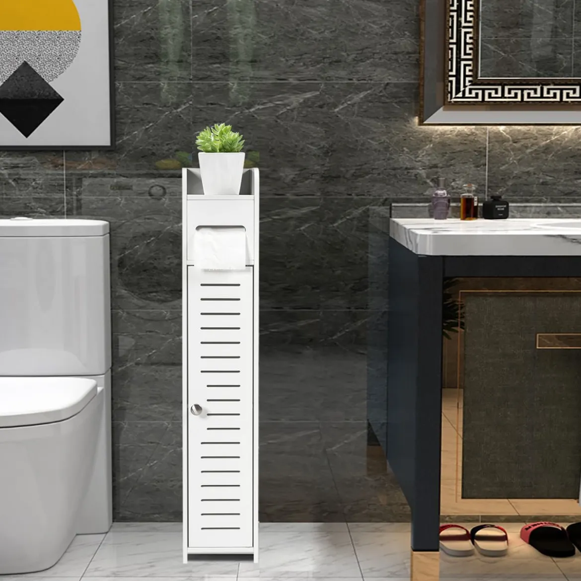 Toilettenschrank freistehend Toilettenpapierhalter Badezimmer Schrank Weiß