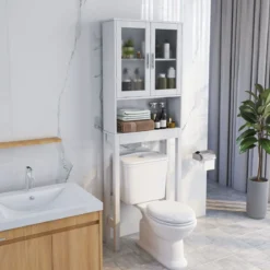 Toilettenschrank freistehend Bad Toilettenregal über Toilette 58 x 19 x 170 cm Weiß