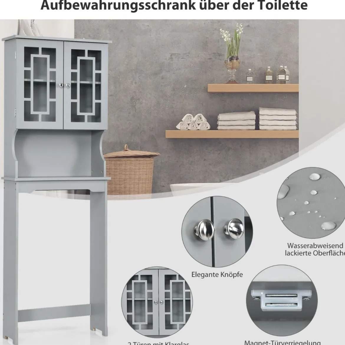 Toilettenschrank freistehend Badezimmerregal Waschmaschinenschrank Toilettenregal mit 3 Regalen Grau