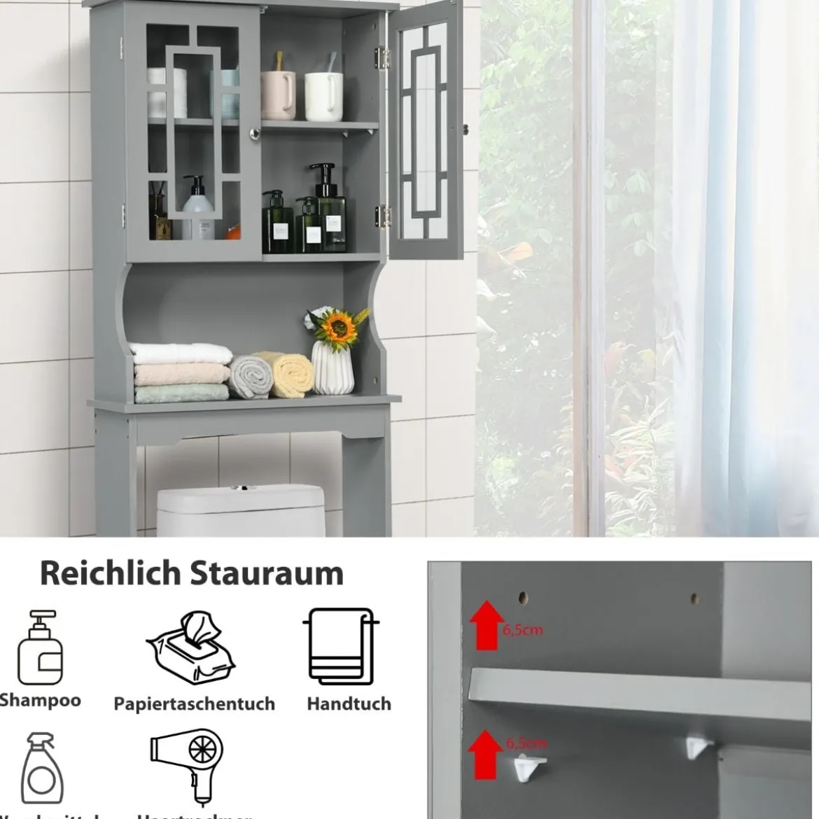 Toilettenschrank freistehend Badezimmerregal Waschmaschinenschrank Toilettenregal mit 3 Regalen Grau