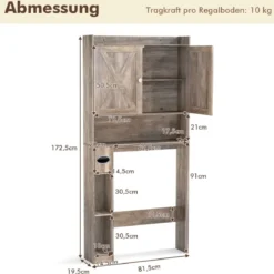 Toilettenschrank mit Doppeltüren & Toilettenpapierhalter & Verstellbarem Fach Grau