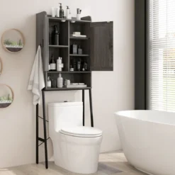 Toilettenschrank mit Doppeltüren & Verstellbaren Regalen Badezimmerschrank Toilettenregal Grau