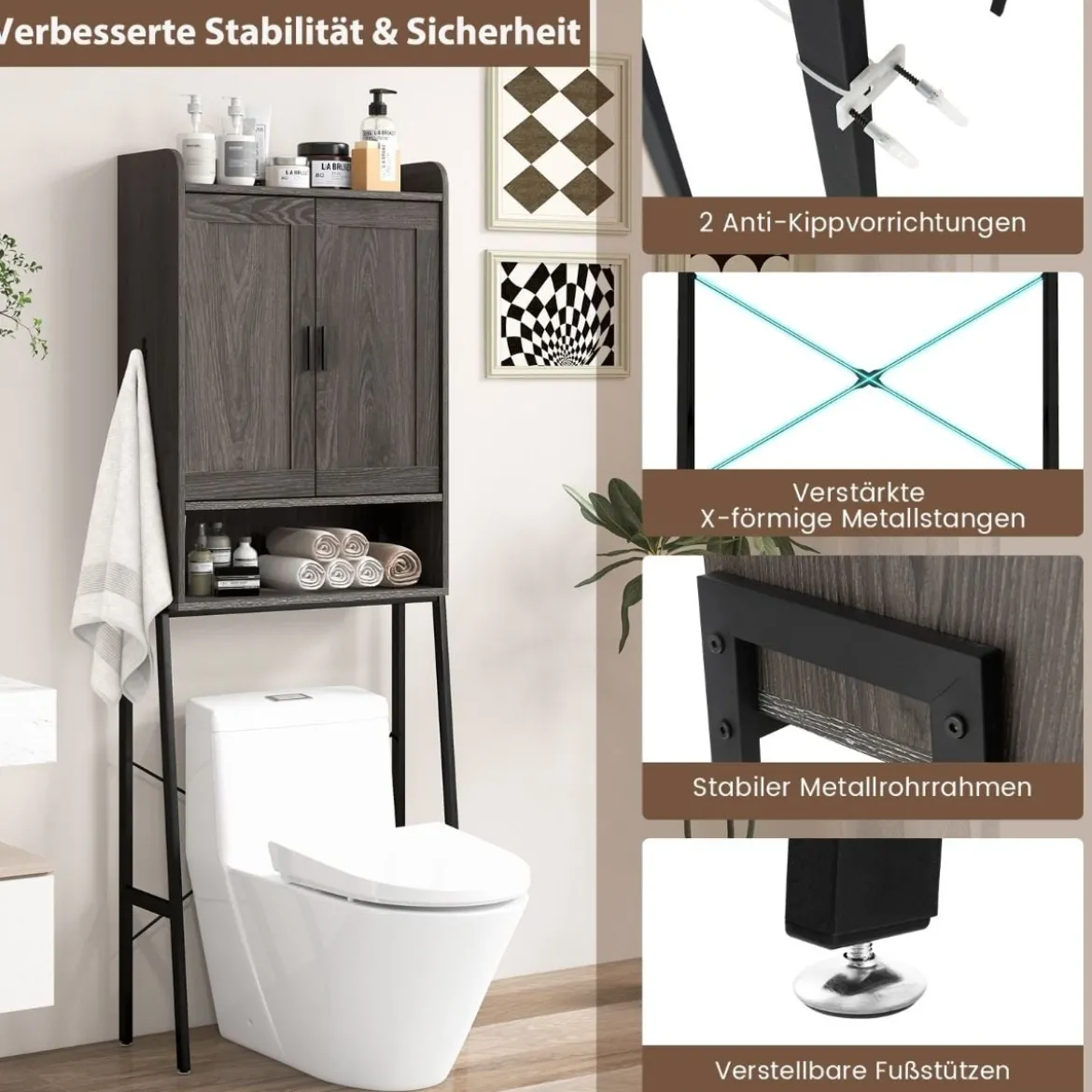Toilettenschrank mit Doppeltüren & Verstellbaren Regalen Badezimmerschrank Toilettenregal Grau