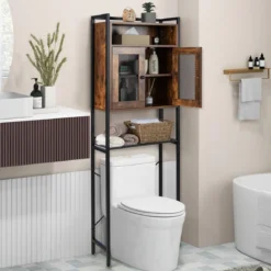 Toilettenschrank mit Doppeltür Badezimmerregal Waschmaschinenregal 60 x 24 x 172 cm Braun