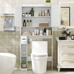 Toilettenschrank mit Doppeltüren & Toilettenpapierhalter & Verstellbarem Fach Weiß