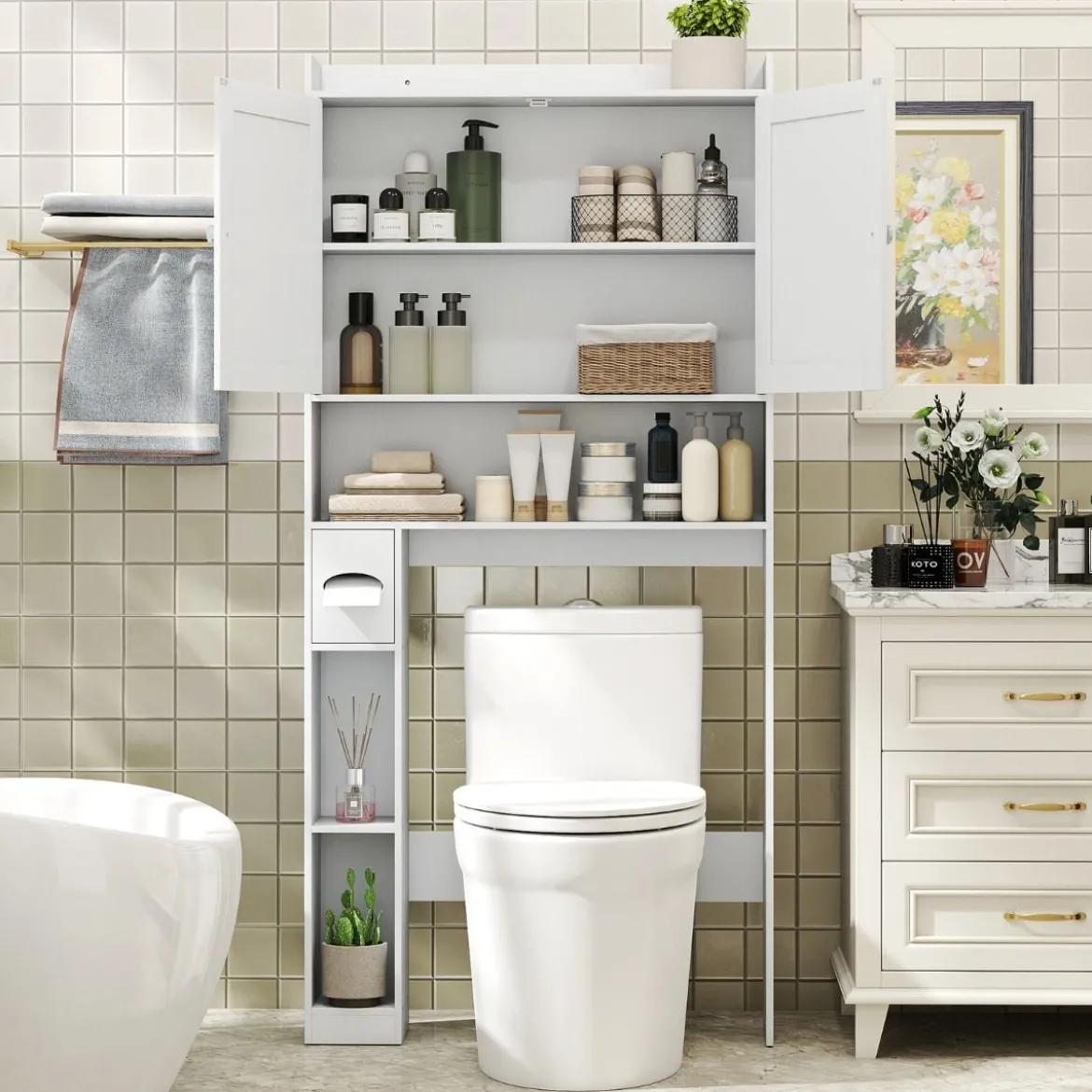 Toilettenschrank mit Doppeltüren & Toilettenpapierhalter & Verstellbarem Fach Weiß