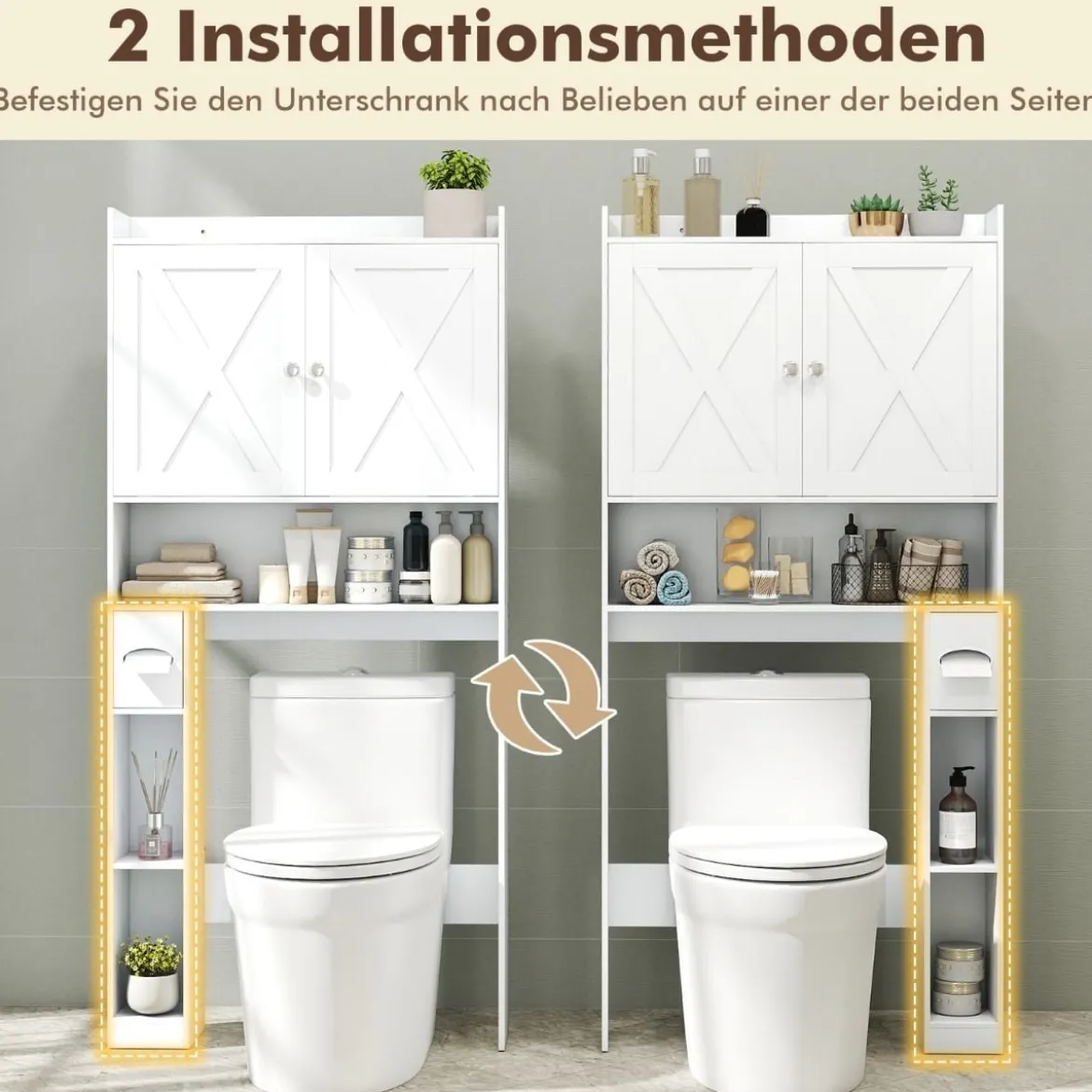 Toilettenschrank mit Doppeltüren & Toilettenpapierhalter & Verstellbarem Fach Weiß