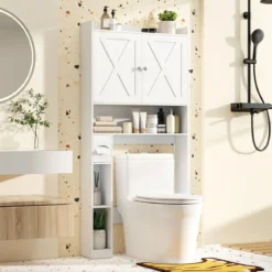 Toilettenschrank mit Doppeltüren & Toilettenpapierhalter & Verstellbarem Fach Weiß