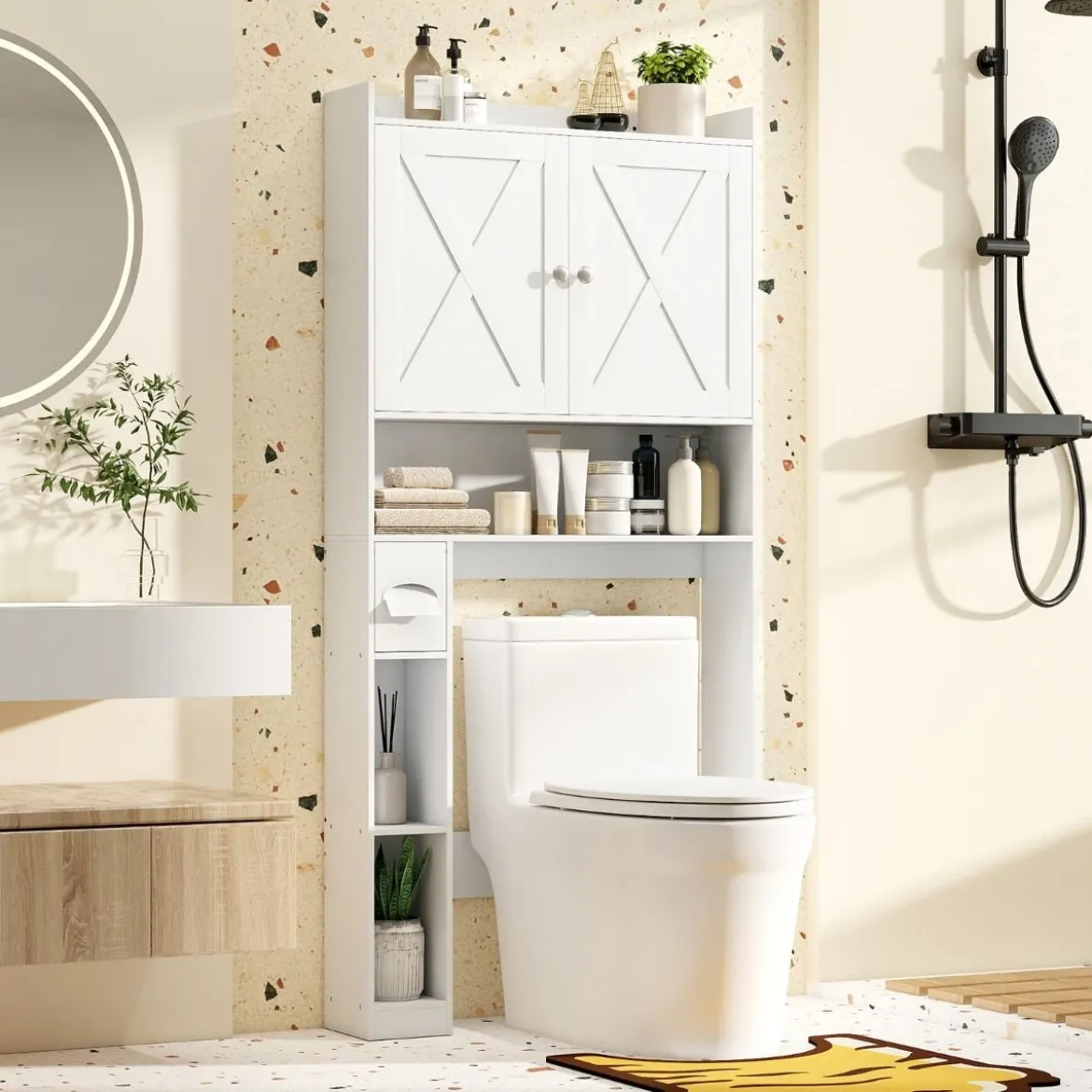 Toilettenschrank mit Doppeltüren & Toilettenpapierhalter & Verstellbarem Fach Weiß