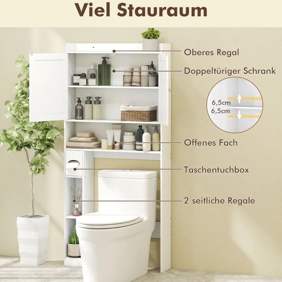 Toilettenschrank mit Doppeltüren & Toilettenpapierhalter & Verstellbarem Fach Weiß