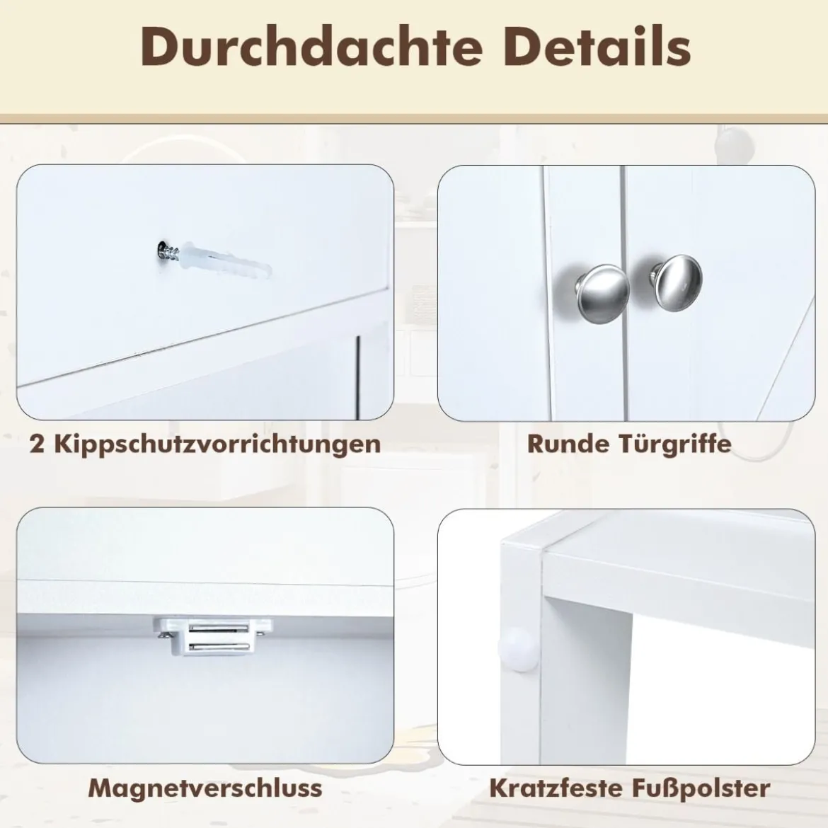 Toilettenschrank mit Doppeltüren & Toilettenpapierhalter & Verstellbarem Fach Weiß