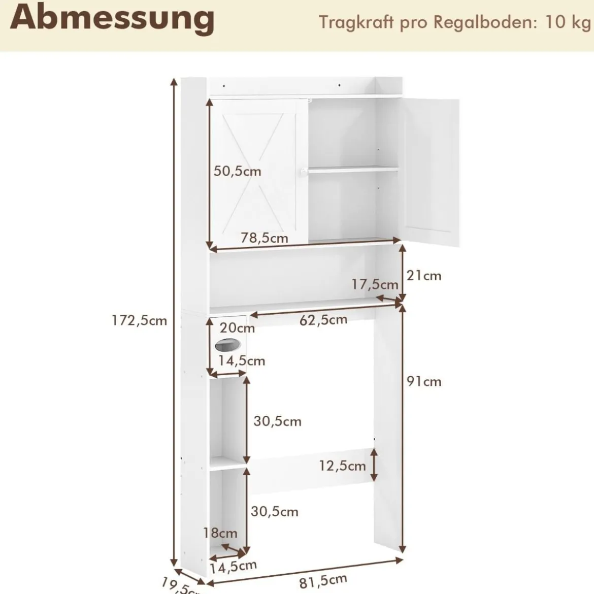 Toilettenschrank mit Doppeltüren & Toilettenpapierhalter & Verstellbarem Fach Weiß