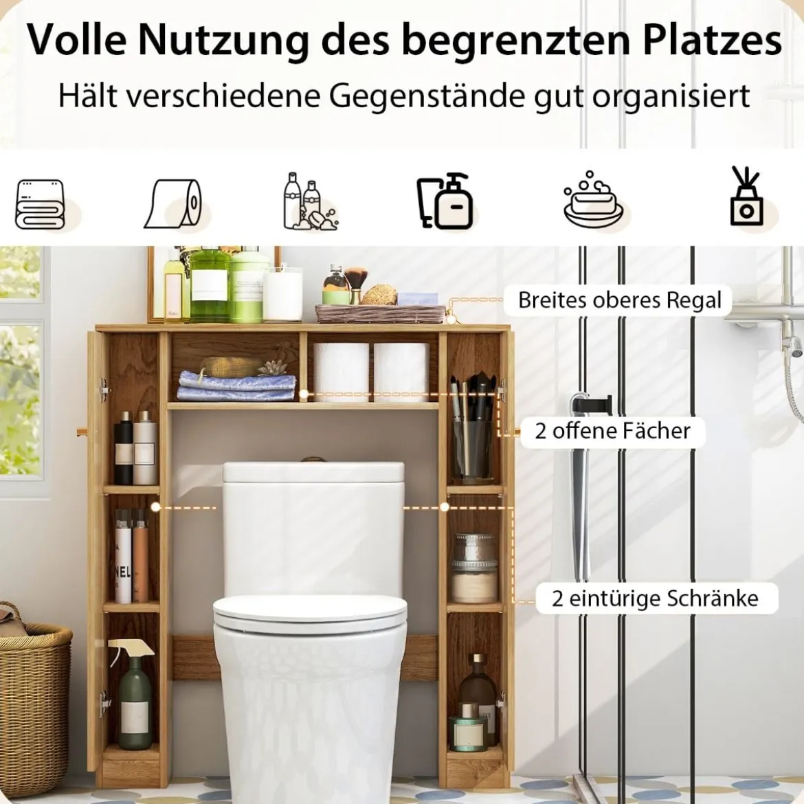 Toilettenschrank mit 2 Offenen Fächern & 4 Verstellbaren Regalen Bad Überbauschrank Natur
