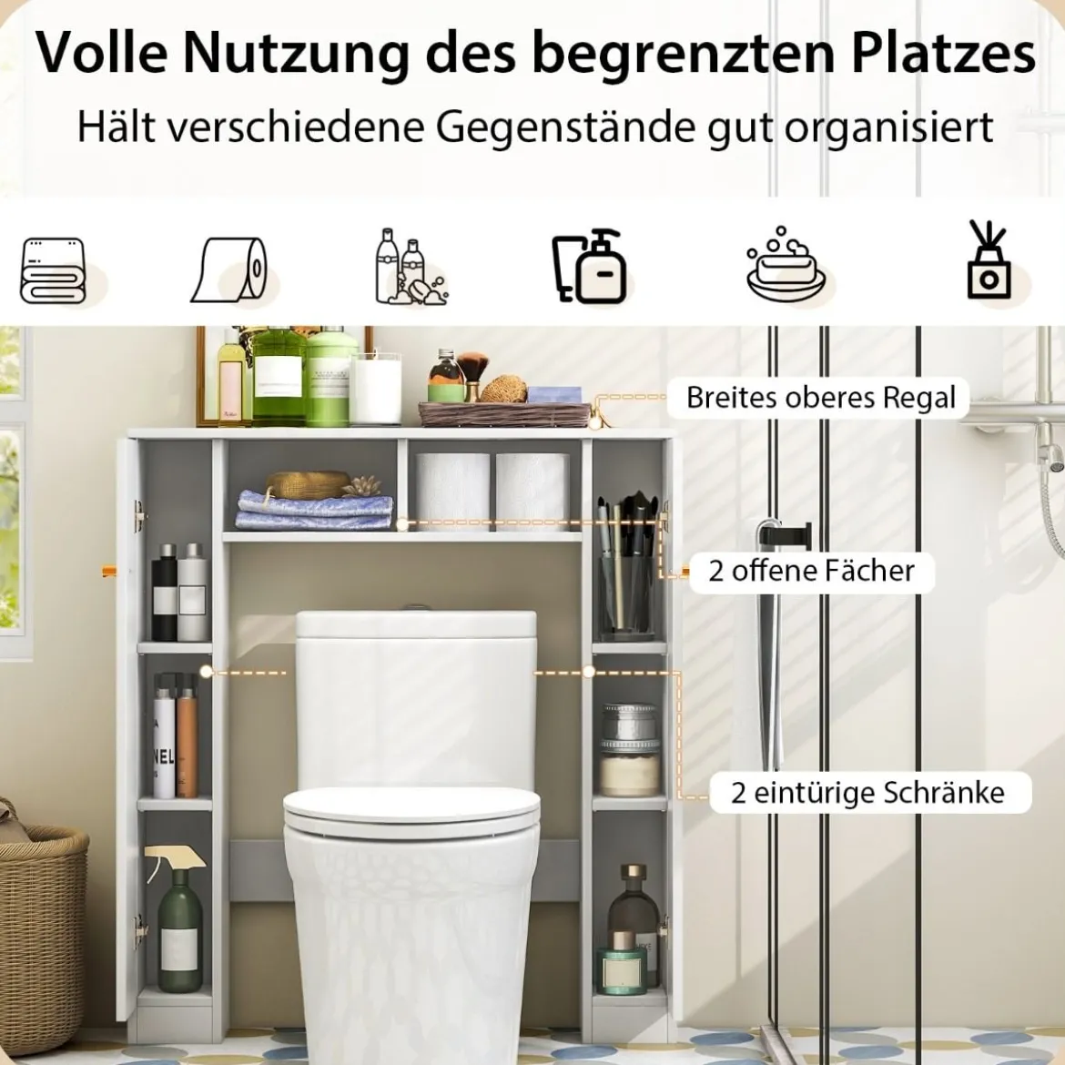 Toilettenschrank mit 2 Offenen Fächern & 4 Verstellbaren Regalen Bad Überbauschrank Weiß