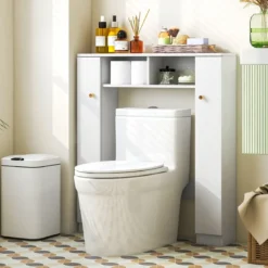 Toilettenschrank mit 2 Offenen Fächern & 4 Verstellbaren Regalen Bad Überbauschrank Weiß