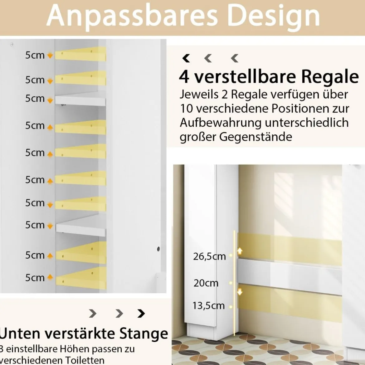 Toilettenschrank mit 2 Offenen Fächern & 4 Verstellbaren Regalen Bad Überbauschrank Weiß