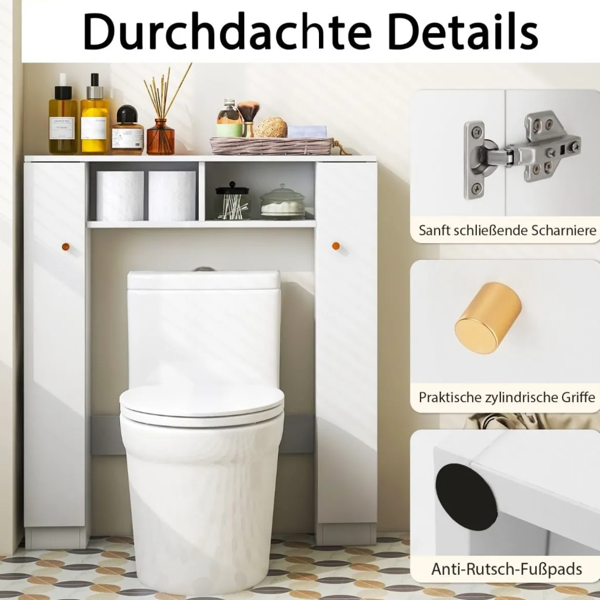 Toilettenschrank mit 2 Offenen Fächern & 4 Verstellbaren Regalen Bad Überbauschrank Weiß