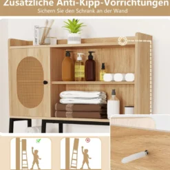 Toilettenschrank mit PE-Rattan Tür Toilettenregal mit verstellbarem Regal Natur