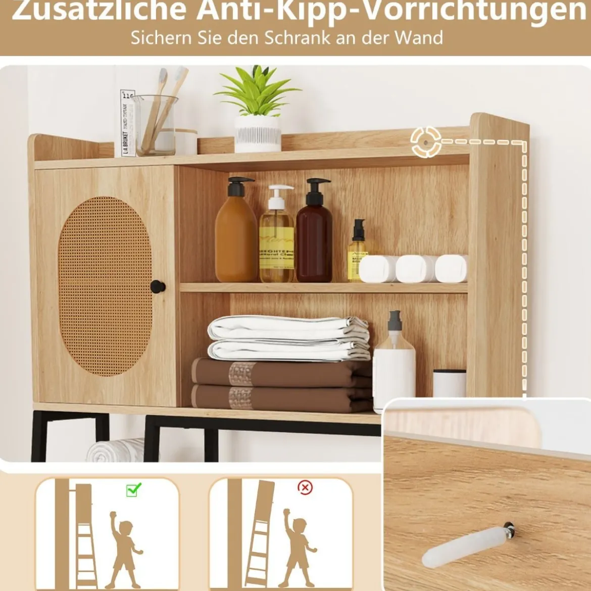 Toilettenschrank mit PE-Rattan Tür Toilettenregal mit verstellbarem Regal Natur