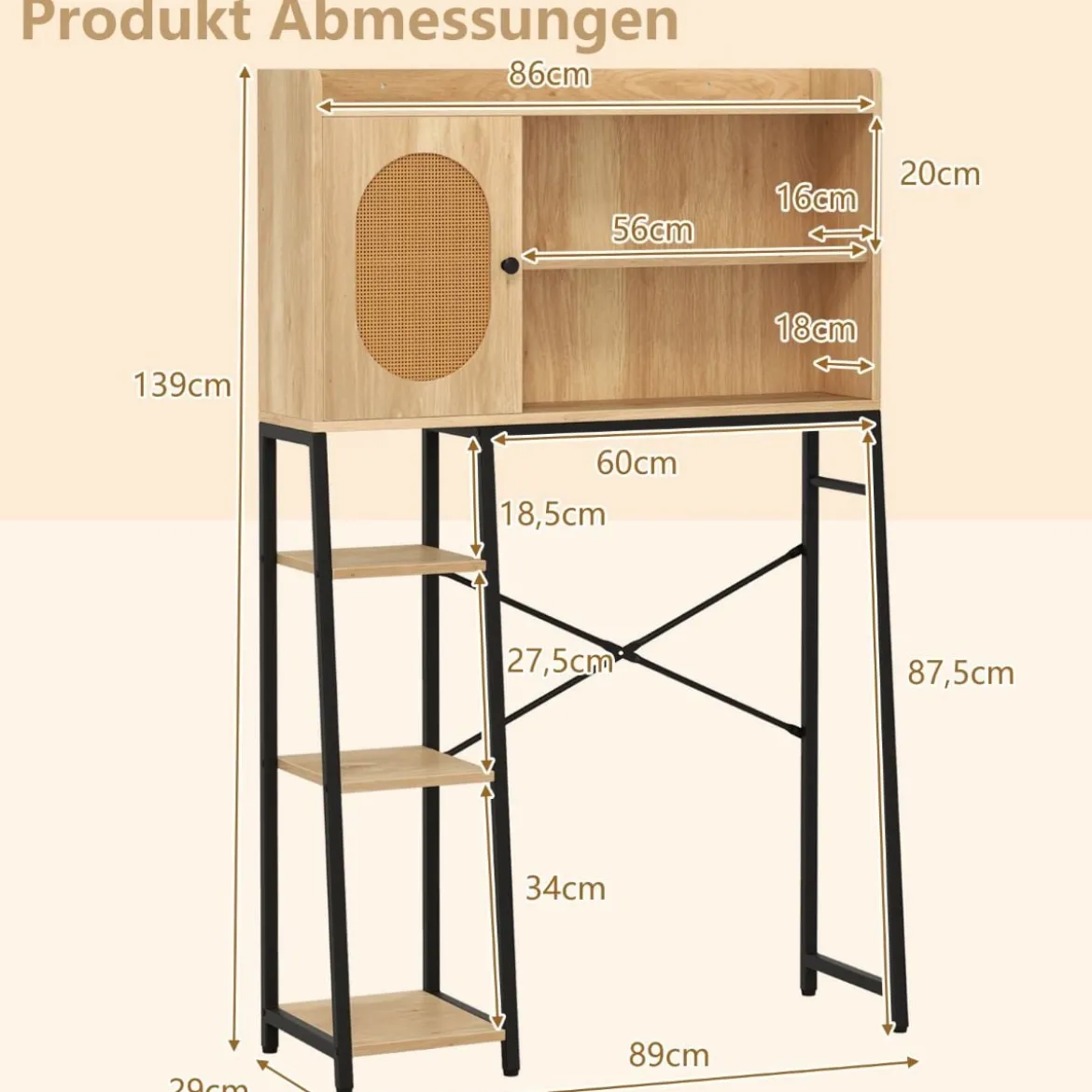 Toilettenschrank mit PE-Rattan Tür Toilettenregal mit verstellbarem Regal Natur