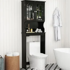 Toilettenschrank mit 3 Regalen Badezimmerregal Waschmaschinenschrank Toilettenregal Schwarz