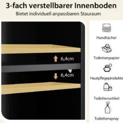 Toilettenschrank mit 3 Regalen Badezimmerregal Waschmaschinenschrank Toilettenregal Schwarz