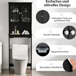 Toilettenschrank mit 3 Regalen Badezimmerregal Waschmaschinenschrank Toilettenregal Schwarz