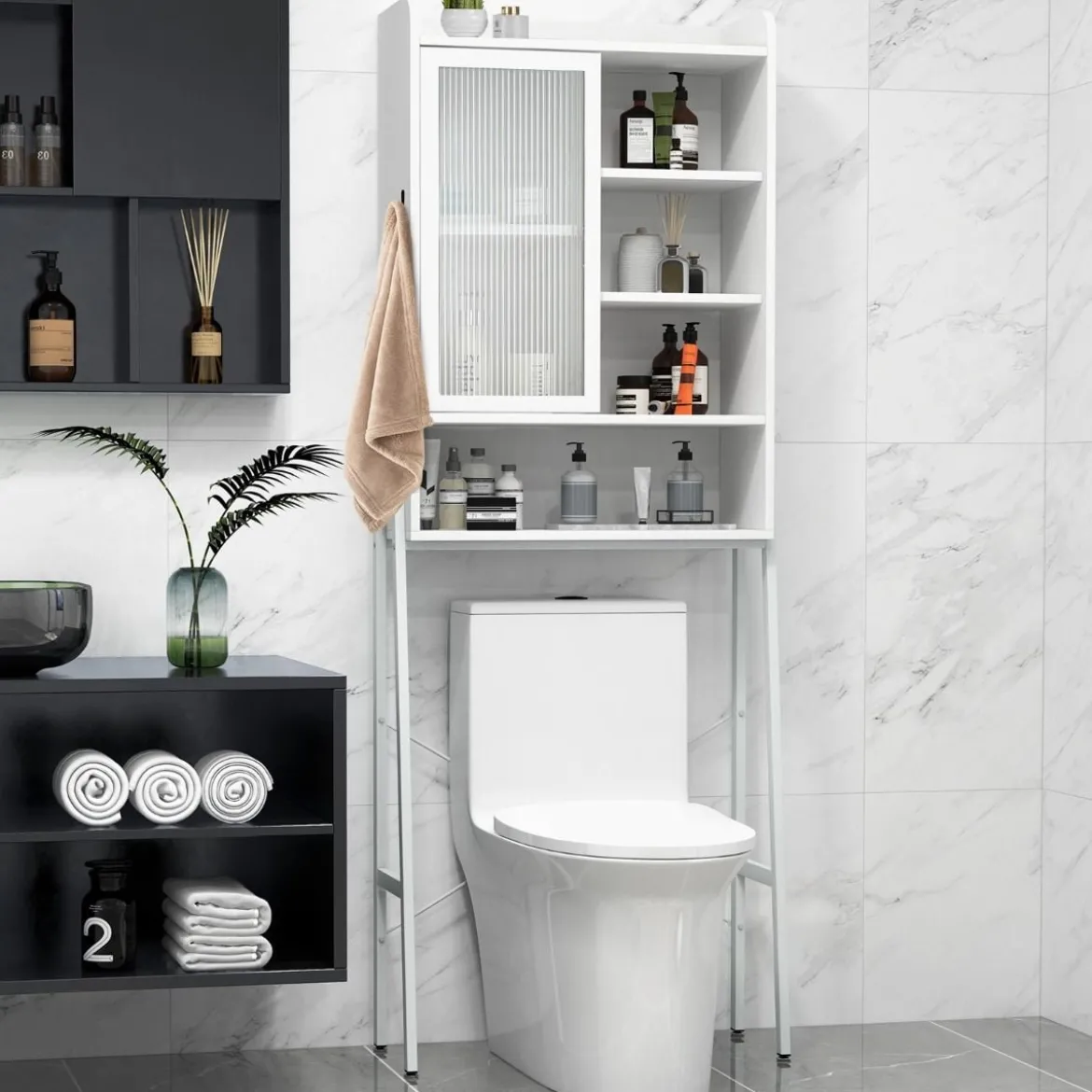 Toilettenschrank mit Schiebetür aus Acryl & Verstellbaren Regalen 63 x 29 x 170 cm Weiß