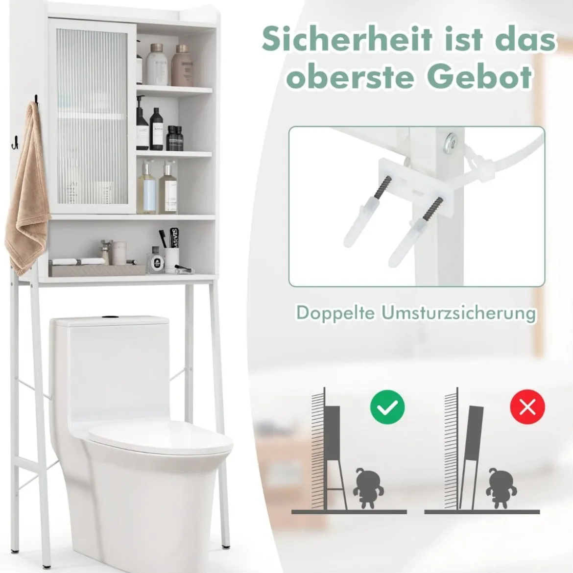 Toilettenschrank mit Schiebetür aus Acryl & Verstellbaren Regalen 63 x 29 x 170 cm Weiß