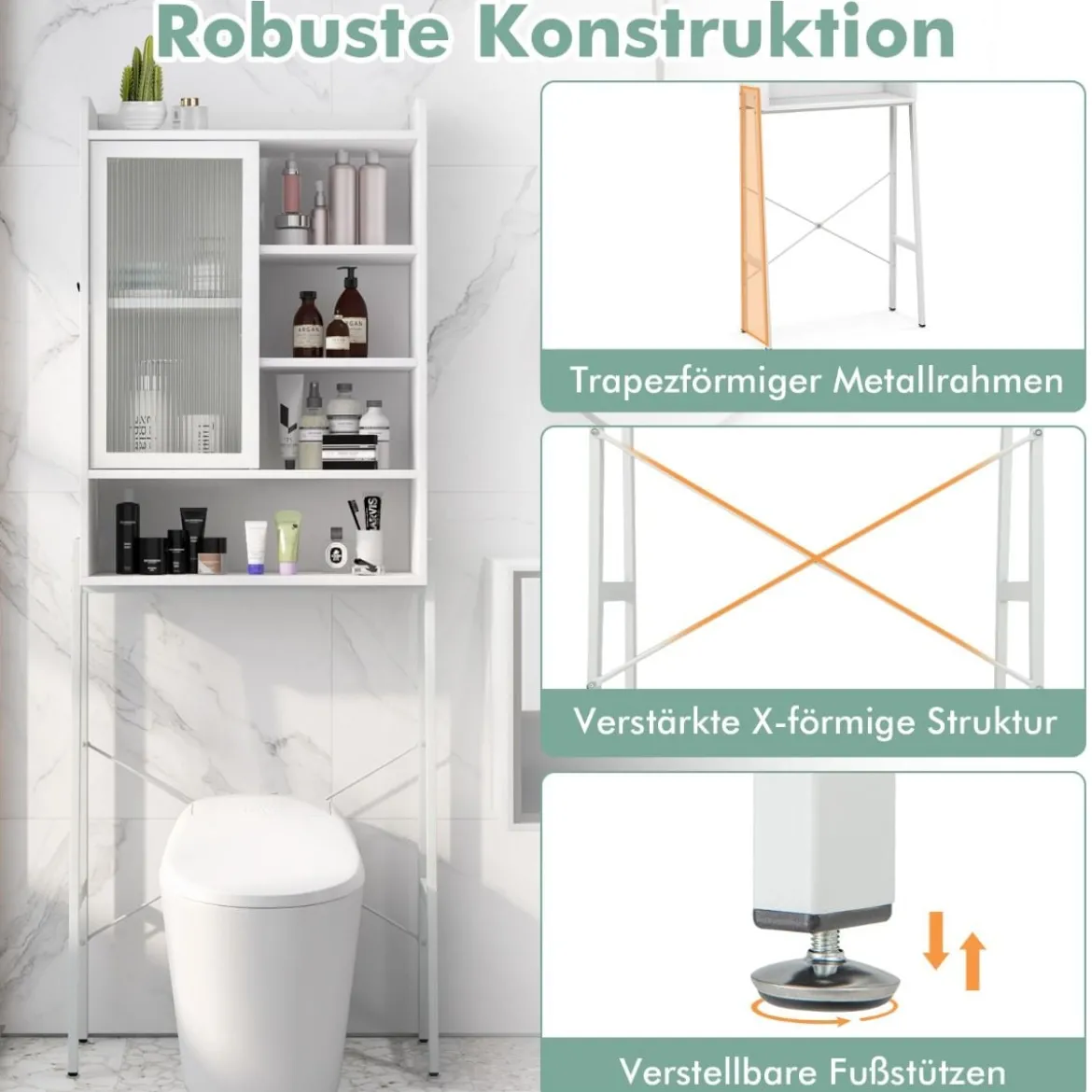 Toilettenschrank mit Schiebetür aus Acryl & Verstellbaren Regalen 63 x 29 x 170 cm Weiß