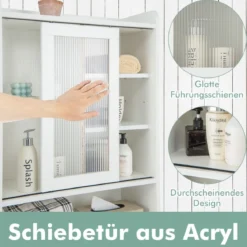Toilettenschrank mit Schiebetür aus Acryl & Verstellbaren Regalen 63 x 29 x 170 cm Weiß