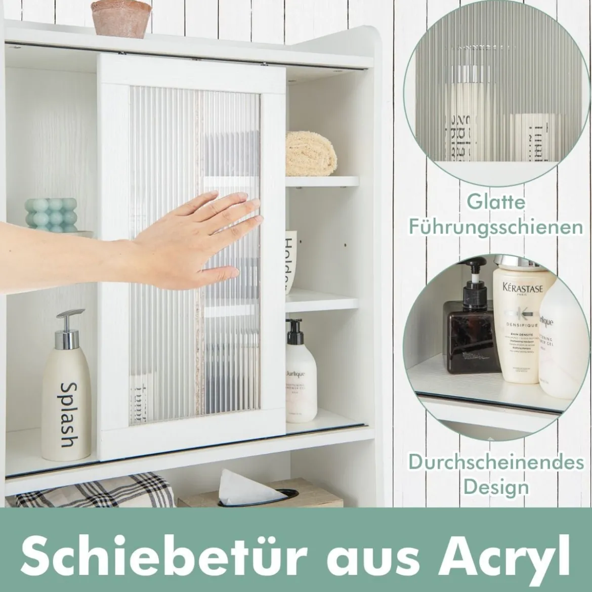 Toilettenschrank mit Schiebetür aus Acryl & Verstellbaren Regalen 63 x 29 x 170 cm Weiß