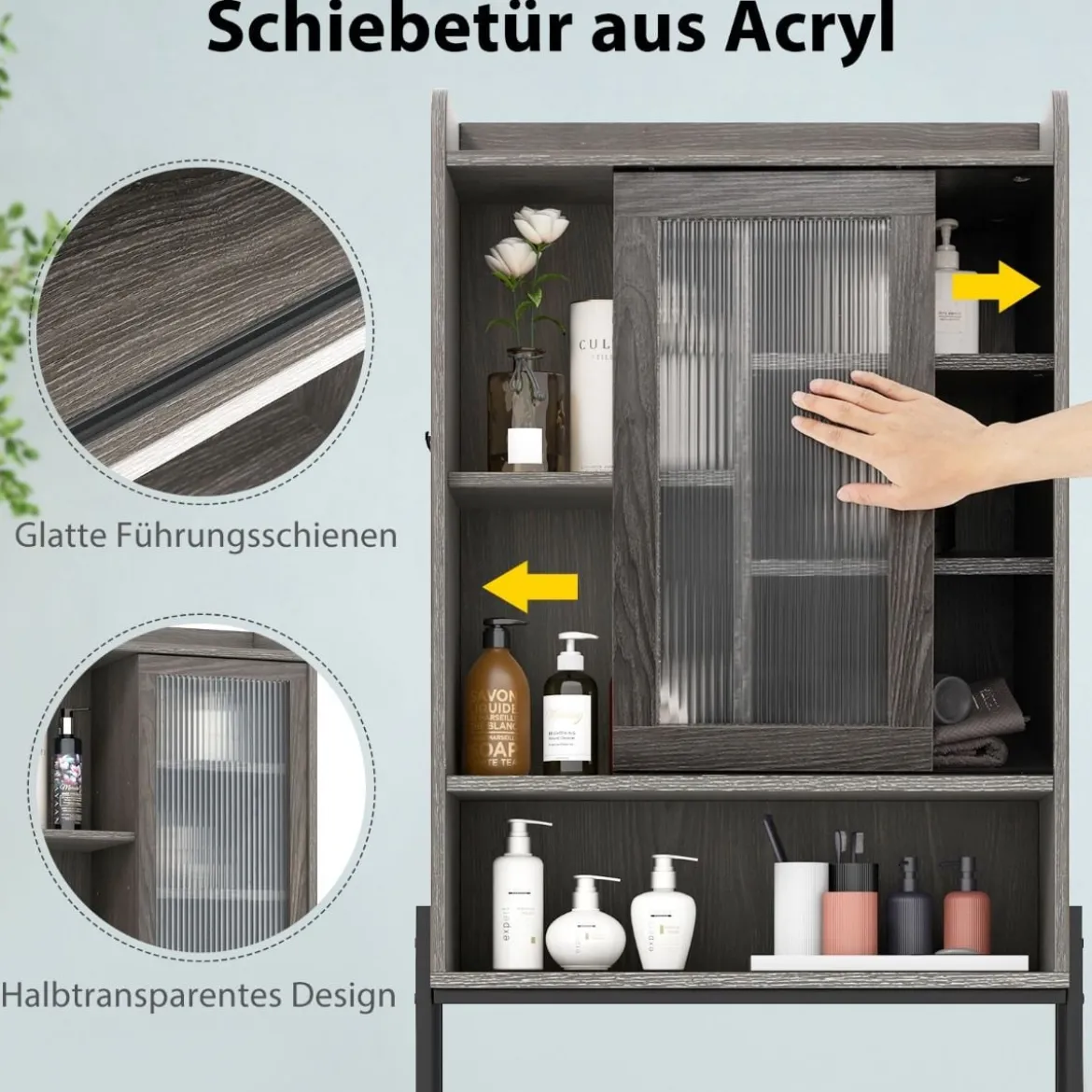 Toilettenschrank mit Schiebetür aus Acryl & Verstellbaren Regalen 63 x 29 x 170 cm Grau