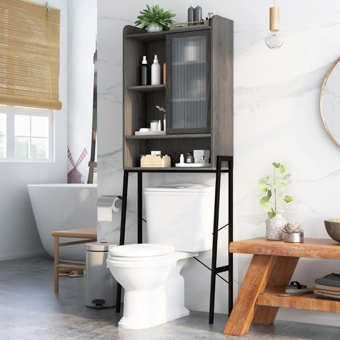 Toilettenschrank mit Schiebetür aus Acryl & Verstellbaren Regalen 63 x 29 x 170 cm Grau