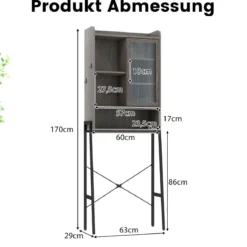 Toilettenschrank mit Schiebetür aus Acryl & Verstellbaren Regalen 63 x 29 x 170 cm Grau