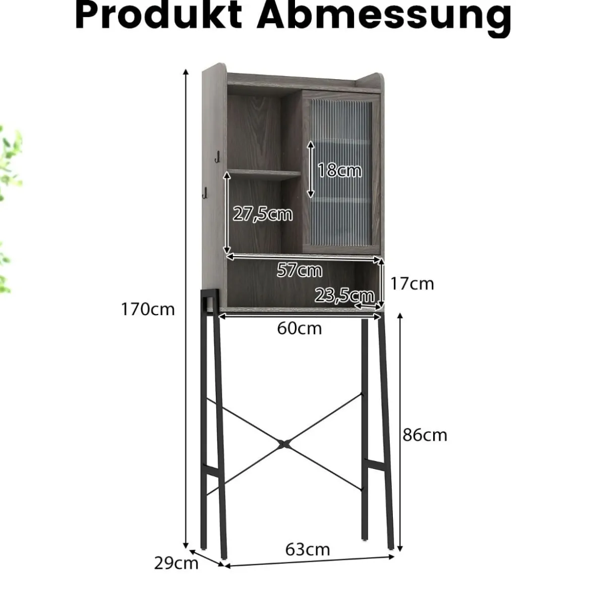 Toilettenschrank mit Schiebetür aus Acryl & Verstellbaren Regalen 63 x 29 x 170 cm Grau