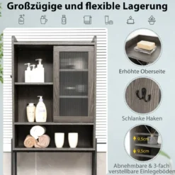 Toilettenschrank mit Schiebetür aus Acryl & Verstellbaren Regalen 63 x 29 x 170 cm Grau