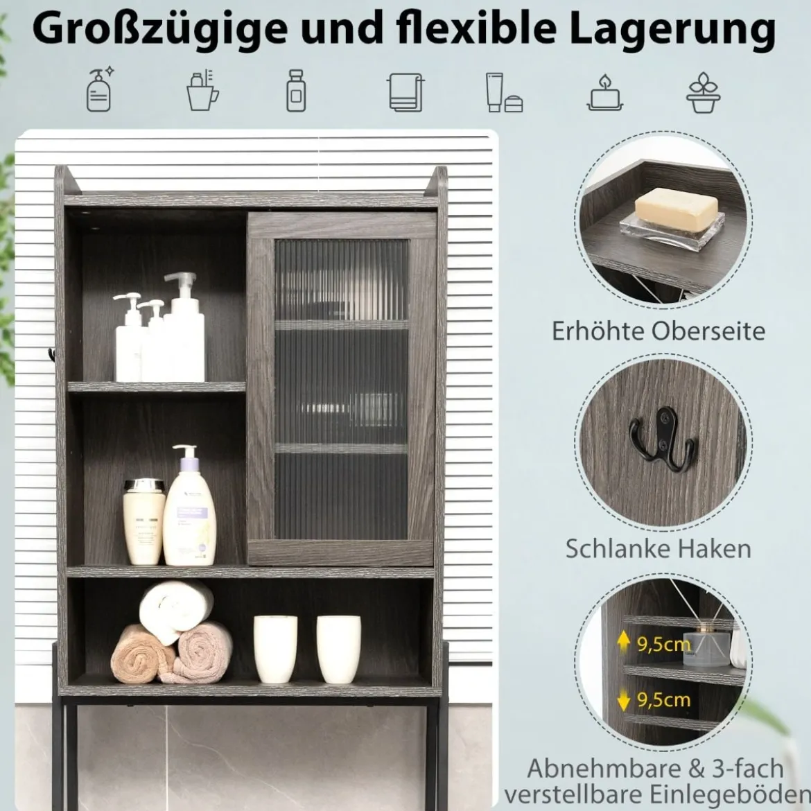 Toilettenschrank mit Schiebetür aus Acryl & Verstellbaren Regalen 63 x 29 x 170 cm Grau