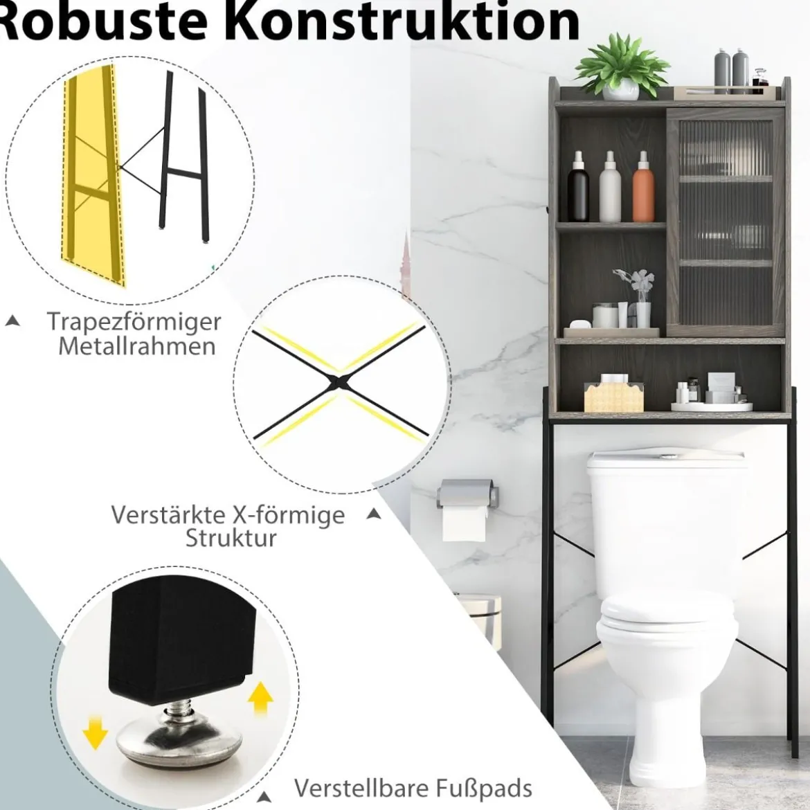 Toilettenschrank mit Schiebetür aus Acryl & Verstellbaren Regalen 63 x 29 x 170 cm Grau