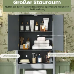 Toilettenschrank mit Türen & Verstellbarem Fach & Unterer Stange Platzsparendes Toilettenregal Grau