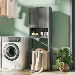 Toilettenschrank mit Türen & Verstellbarem Fach & Unterer Stange Platzsparendes Toilettenregal Grau