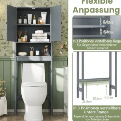 Toilettenschrank mit Türen & Verstellbarem Fach & Unterer Stange Platzsparendes Toilettenregal Grau