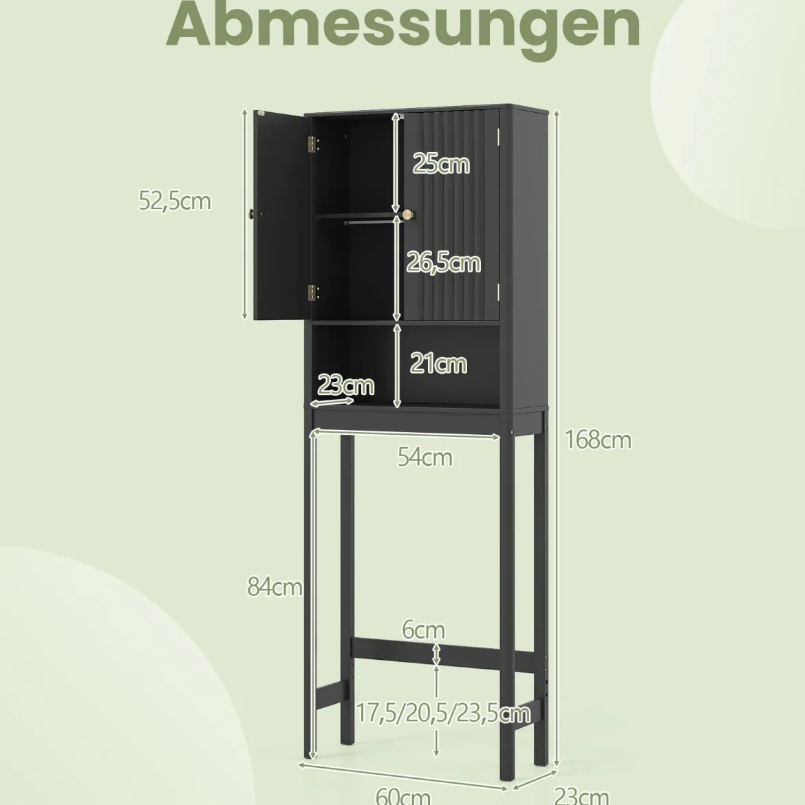 Toilettenschrank mit Türen & Verstellbarem Fach & Unterer Stange Platzsparendes Toilettenregal Schwarz