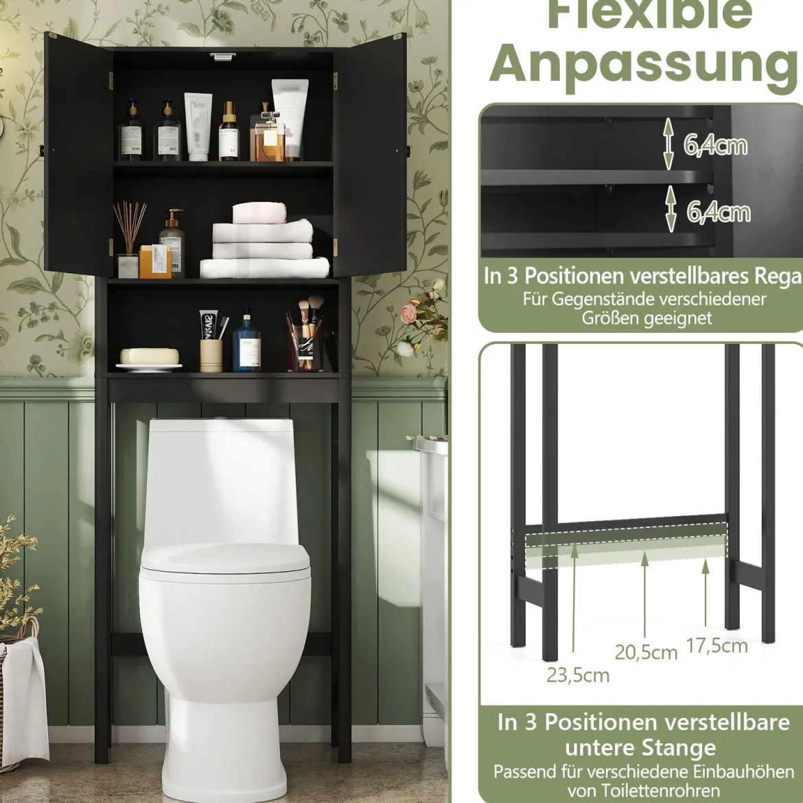 Toilettenschrank mit Türen & Verstellbarem Fach & Unterer Stange Platzsparendes Toilettenregal Schwarz