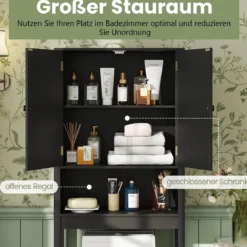 Toilettenschrank mit Türen & Verstellbarem Fach & Unterer Stange Platzsparendes Toilettenregal Schwarz