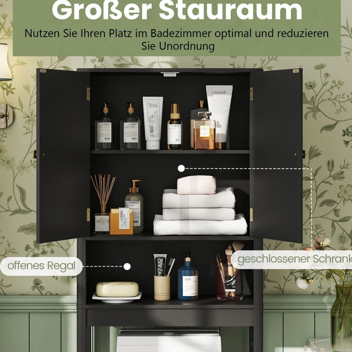 Toilettenschrank mit Türen & Verstellbarem Fach & Unterer Stange Platzsparendes Toilettenregal Schwarz