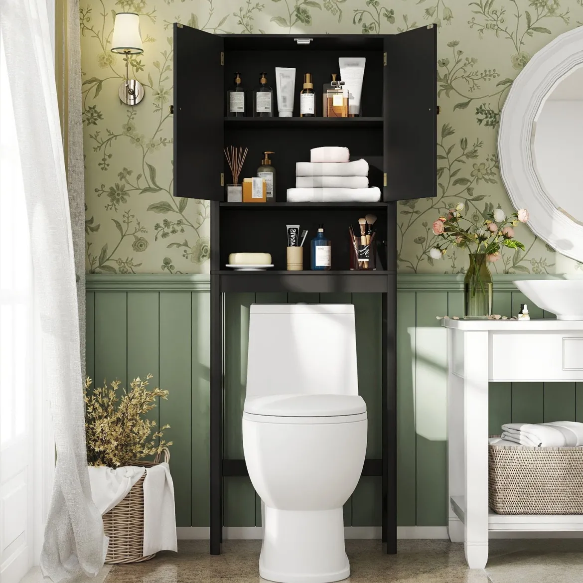 Toilettenschrank mit Türen & Verstellbarem Fach & Unterer Stange Platzsparendes Toilettenregal Schwarz