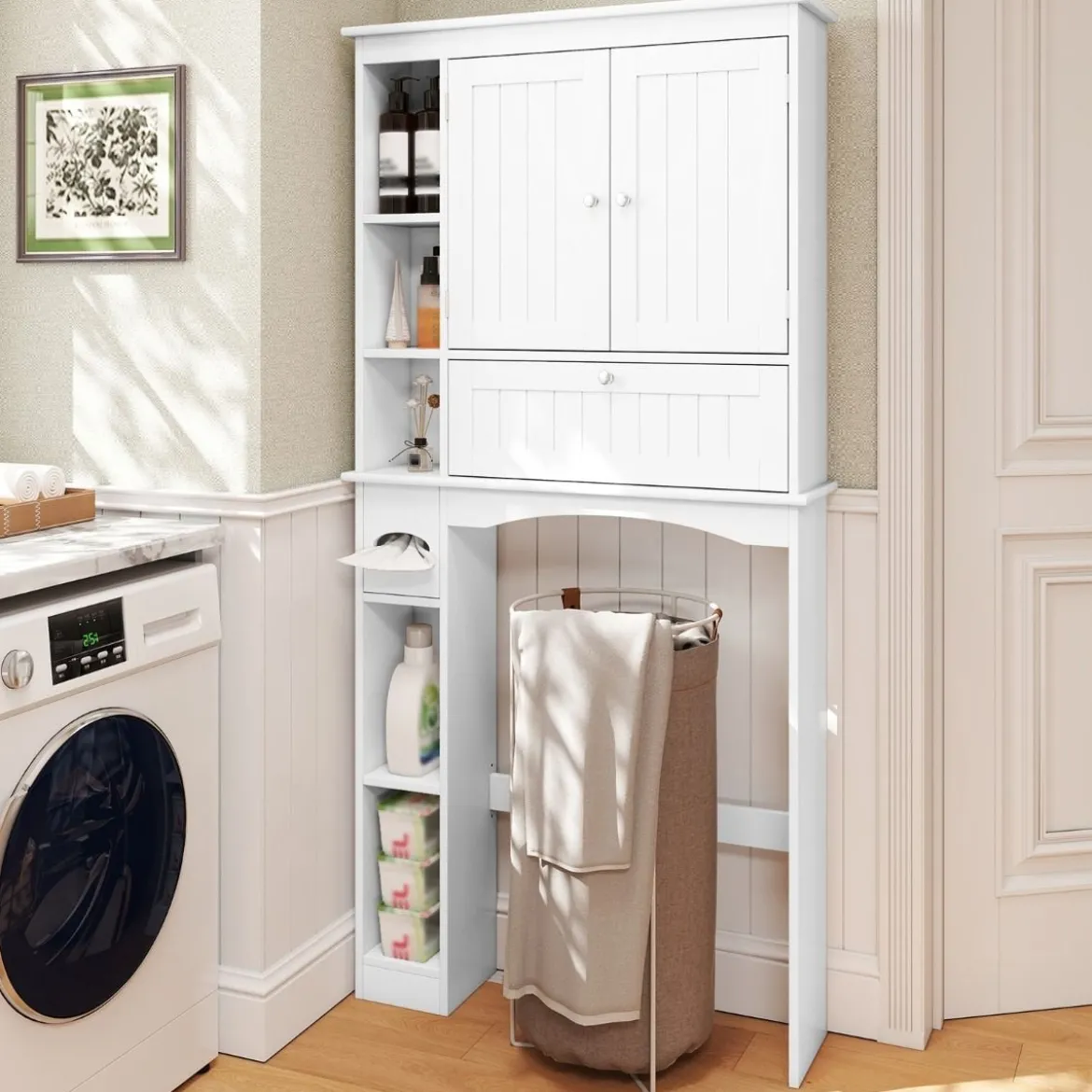 Toilettenschrank mit 3 Türen & Verstellbaren Regalböden Holz Toilettenregal Weiß