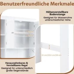 Toilettenschrank mit 3 Türen & Verstellbaren Regalböden Holz Toilettenregal Weiß