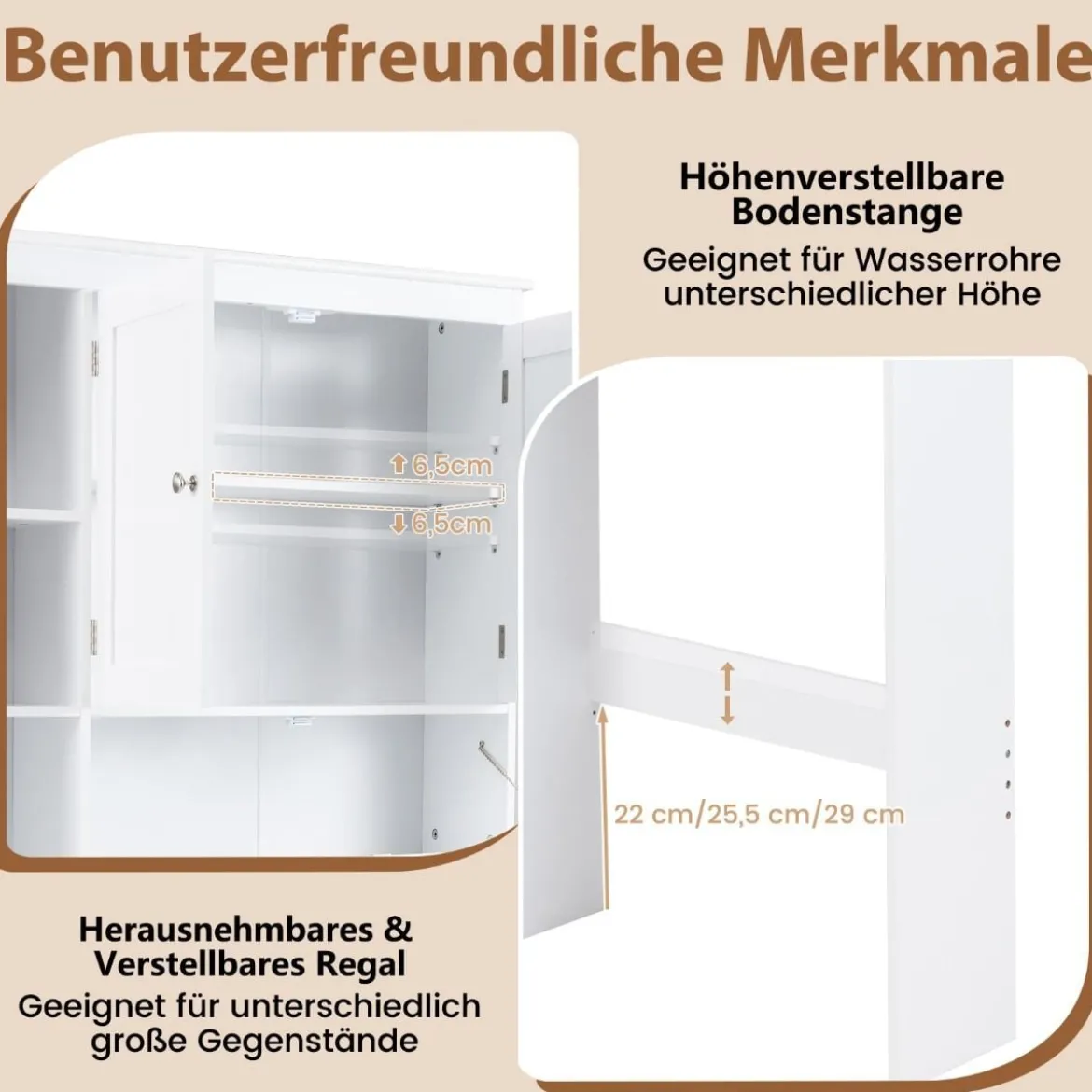 Toilettenschrank mit 3 Türen & Verstellbaren Regalböden Holz Toilettenregal Weiß